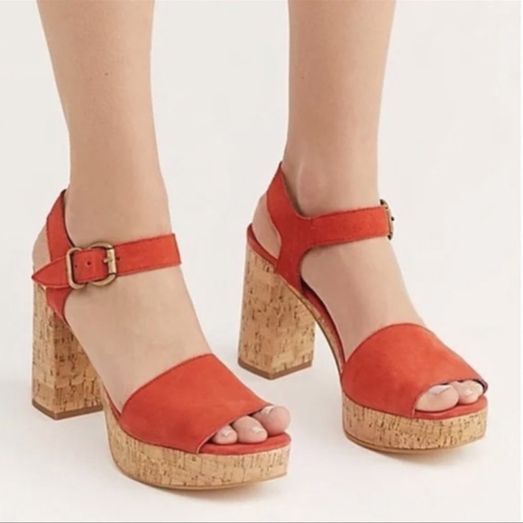 Free People Brooke Red Orange Suede Open Toe Platform Block Cork Heel Sandals 10 - Picture 1 of 10